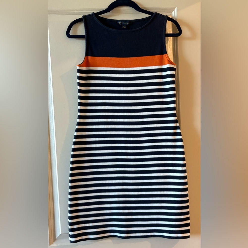 Brooks Brothers Navy and Orange Striped Sleeveless 100% Cotton Dress Size Small